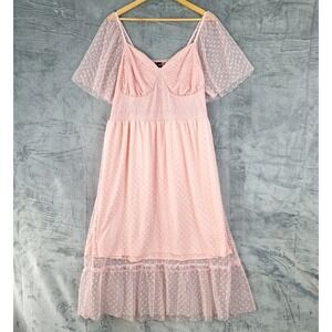 Womens Dress 3XL Pink Babydoll Romantic Coquette Polka Dot Sheer Lace Feminine